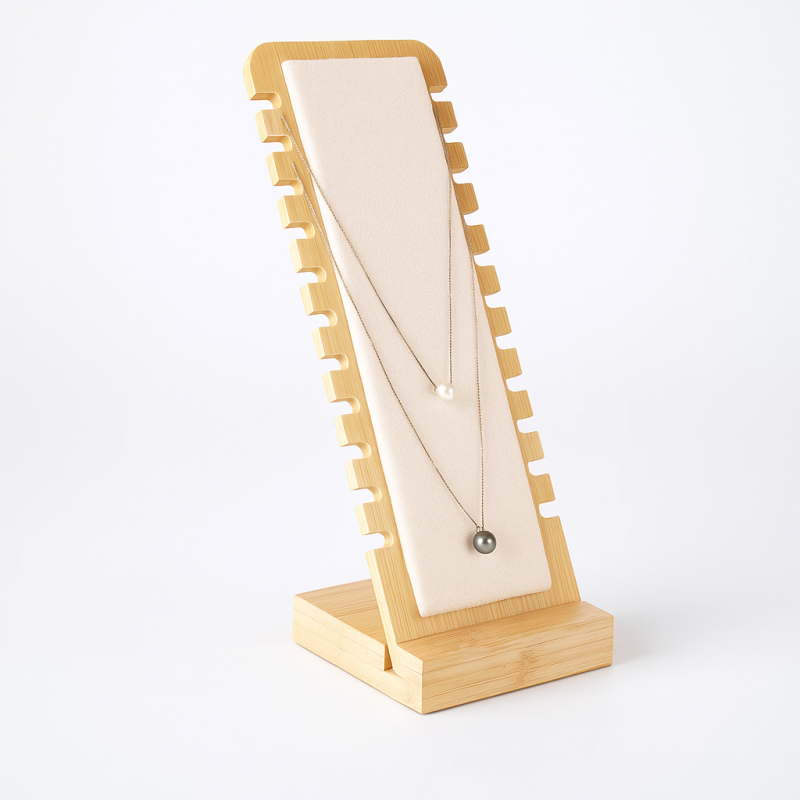 Expositor vertical de poca anchura en madera y ante beige