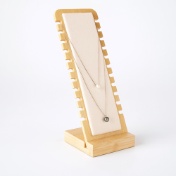 Expositor vertical de poca anchura en madera y ante beige