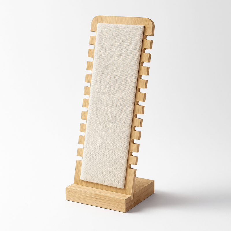 Expositor vertical de poca anchura de madera y algodón beige