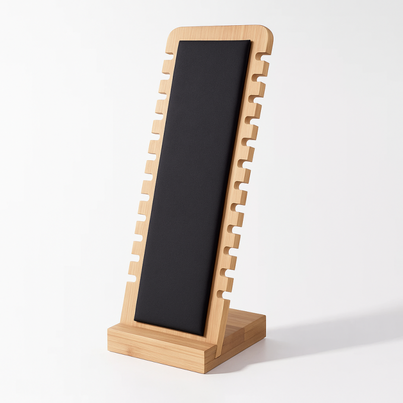 Expositor vertical de poco ancho de madera y símil piel negra