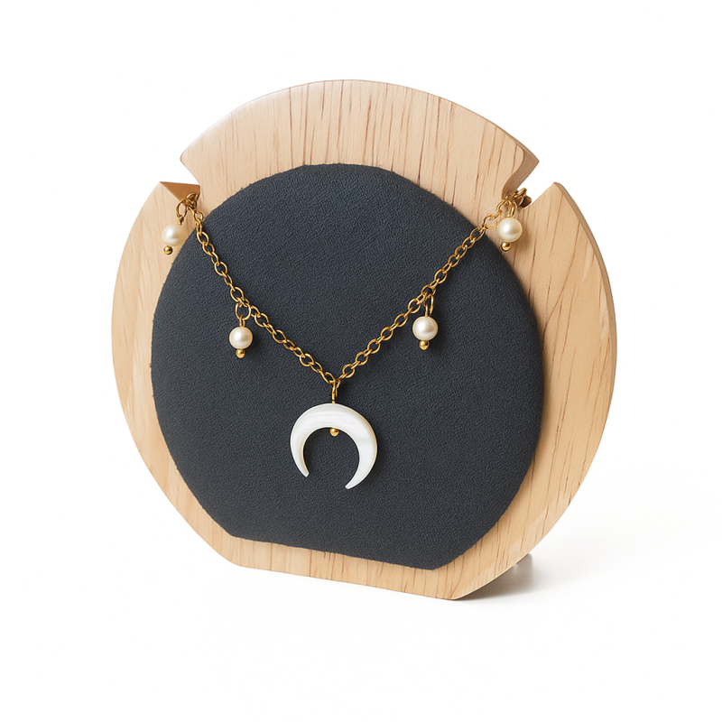 Pequeño colgador redondo para collares de madera y ante gris antracita