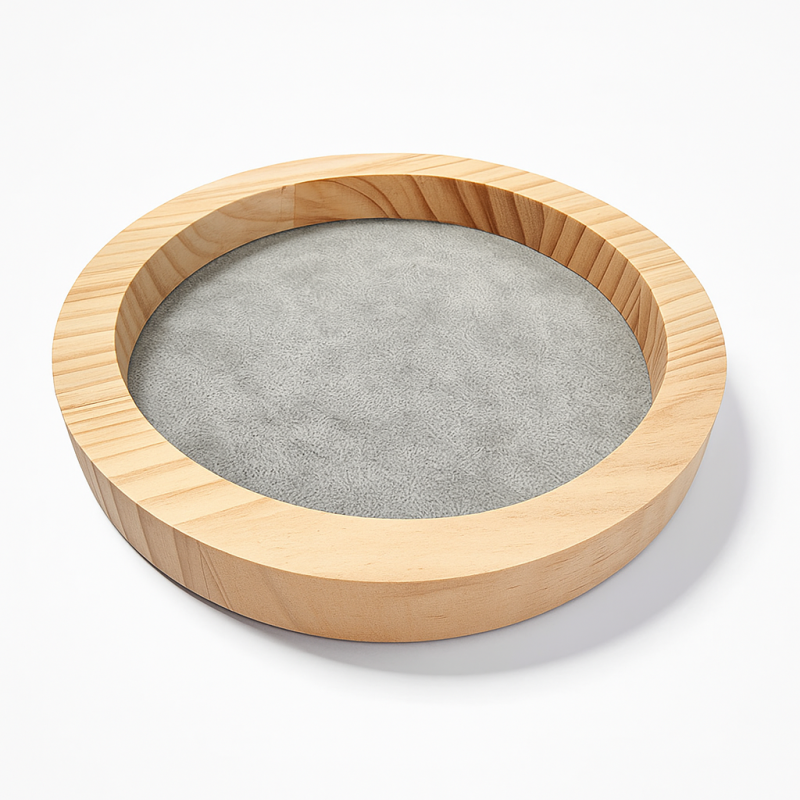 Bandeja pequeña reversible de madera natural de pino y terciopelo gris