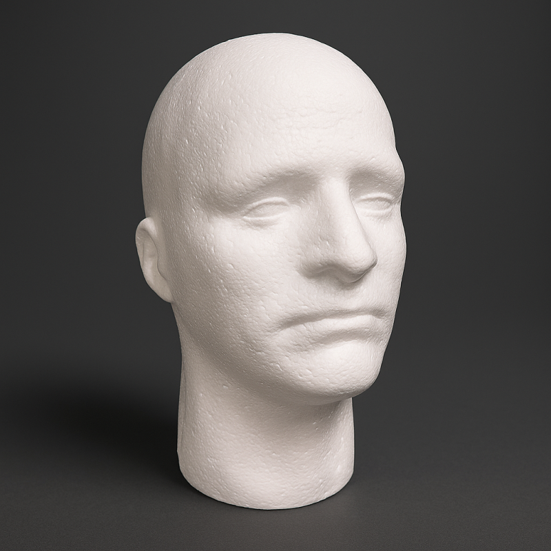 Cabeza de hombre de poliestireno blanco, 55 cm