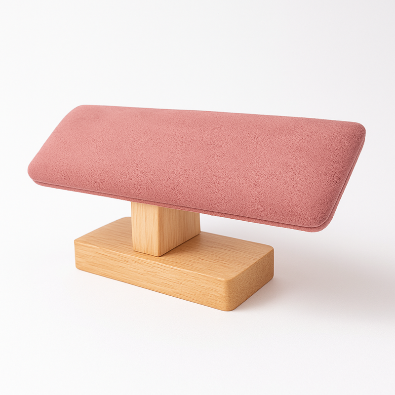 Portapulseras inclinado de madera y de ante rosa