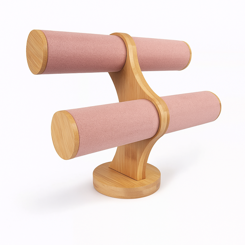 Portapulseras de 2 niveles de madera y ante rosa