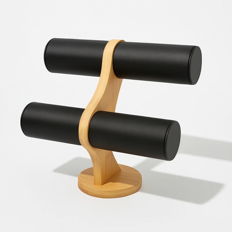 Portapulseras de 2 niveles de madera y símil piel negra