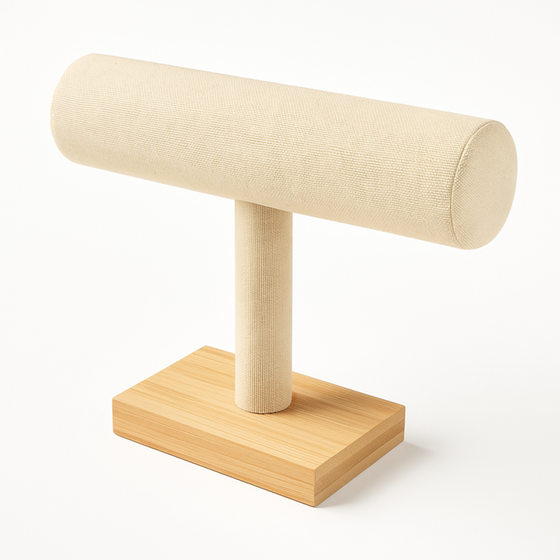 Expositor para pulseras de madera y algodón beige en forma de T