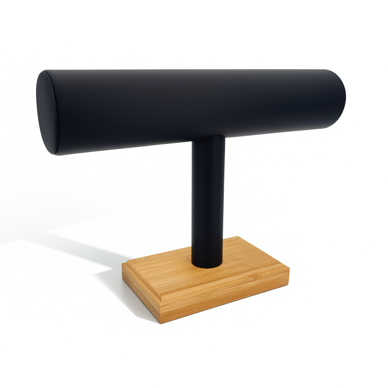 Expositor para pulseras de madera y de símil piel negra en forma de T