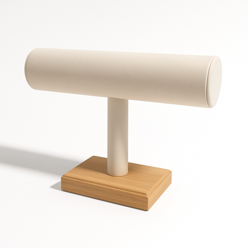 Expositor de pulseras de madera y de ante beige en forma de T