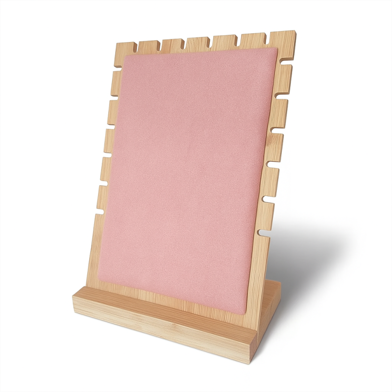 Expositor para joyas para collares de madera y de ante rosa
