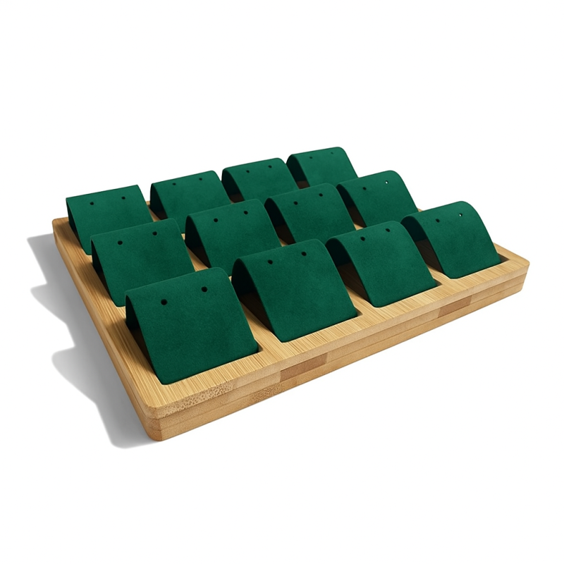 Pequeña bandeja para pendientes de madera y de ante verde esmeralda