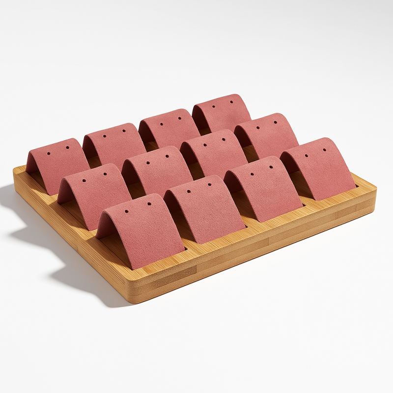 Pequeña bandeja para pendientes de madera y de ante rosa