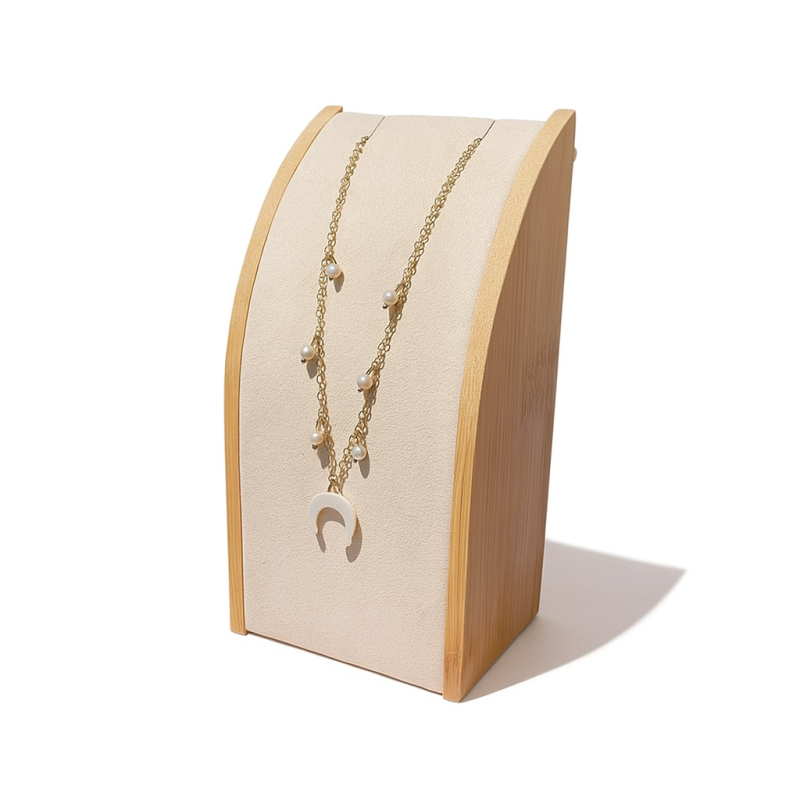 Pequeño soporte rectangular para collares de madera y ante beige