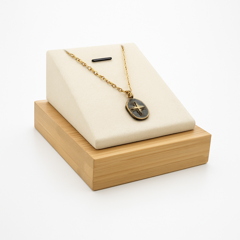 Soporte para joyas de madera y de ante beige para colgante
