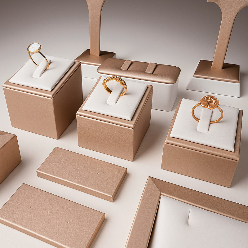 Set de 3 expositores para anillos de símil piel bicolor dorado y blanco