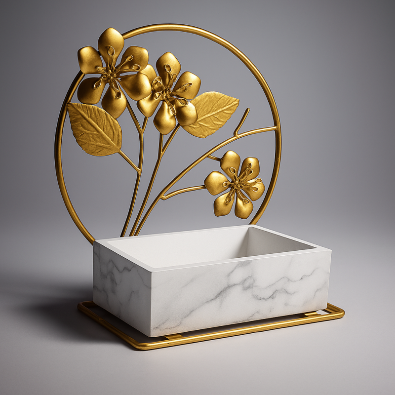 Pequeño organizador de joyas y objetos en metal dorado y madera con efecto marmolado