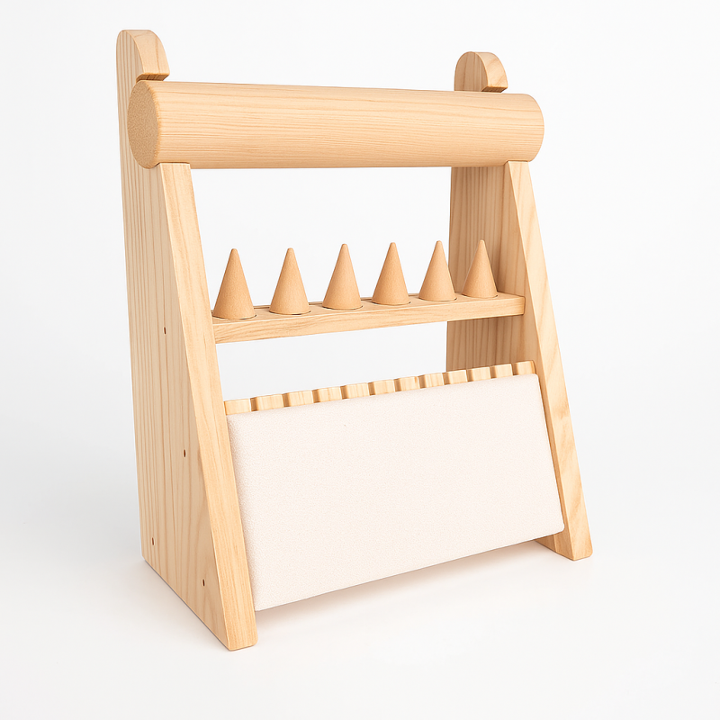 Soporte para joyas de madera y ante beige para collares, anillos y pulseras
