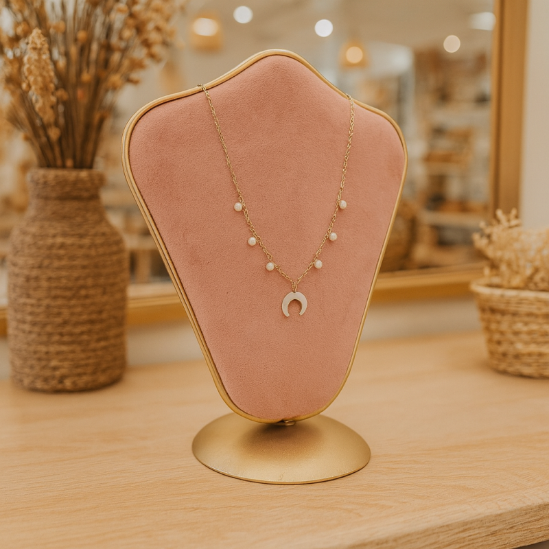 Grand buste bijoux 32cm en métal doré bicolore velours écru et rose poudré