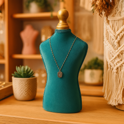 Gran colgador para collares con forma de busto de costurera en terciopelo azul pato