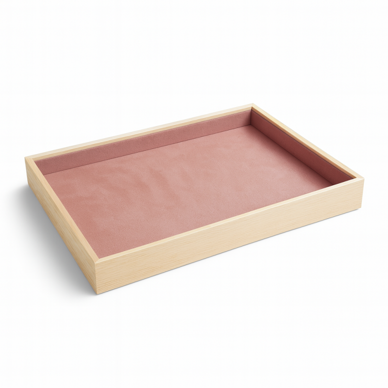 Lote de 5 bandejas de presentación de madera y ante rosa