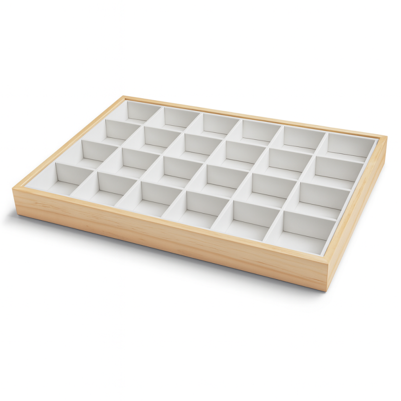 Lote de 5 bandejas de gemología con pequeños compartimentos de madera y símil piel blanco