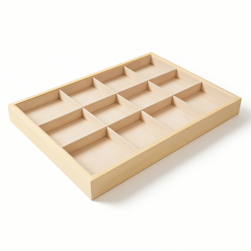 Lote de 5 bandejas para joyas de madera y ante beige con compartimentos