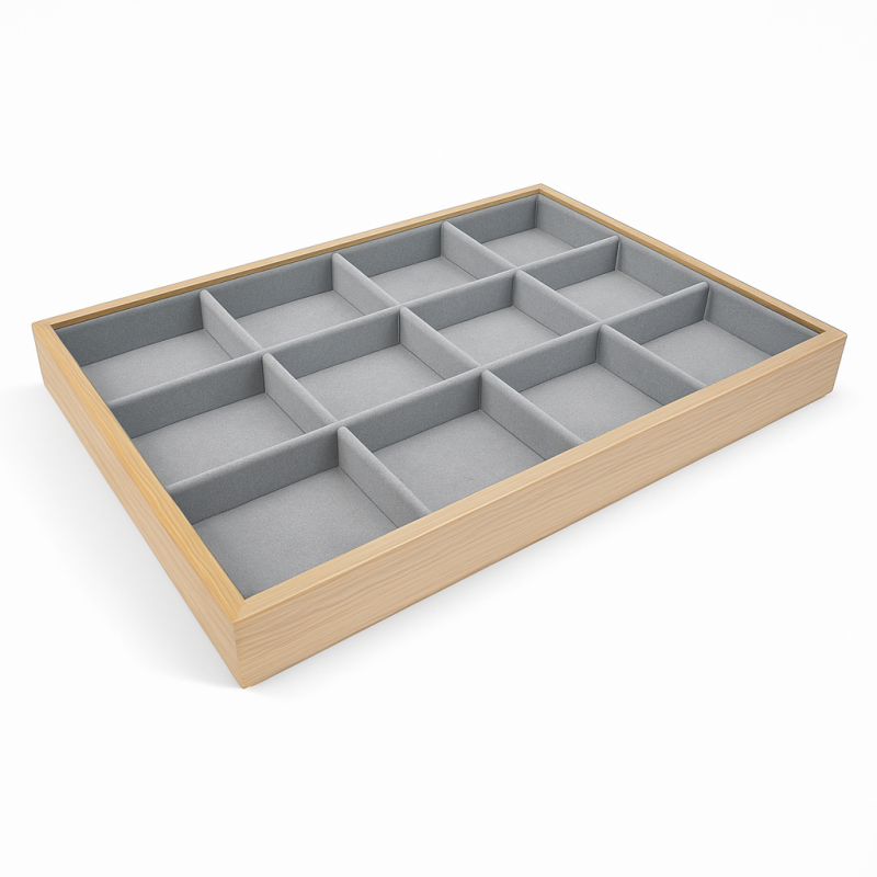 Bandeja para joyas de madera y terciopelo gris claro con compartimentos