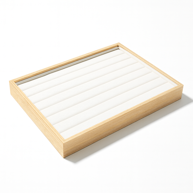Bandeja para anillos de madera y símil piel blanca