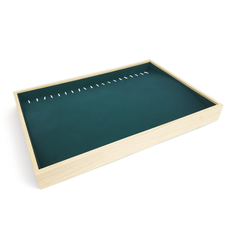 Bandeja para cadenas y collares de madera y tejido con aspecto de ante verde esmeralda