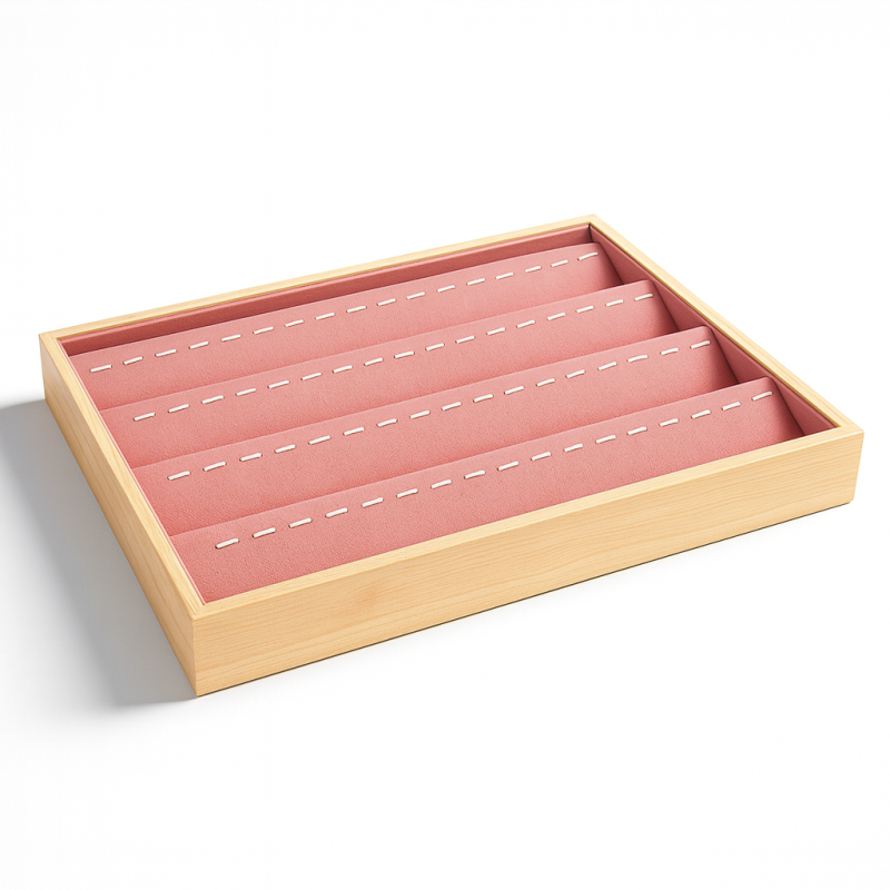 Bandeja de presentación para colgantes de madera y tejido con aspecto de ante rosa