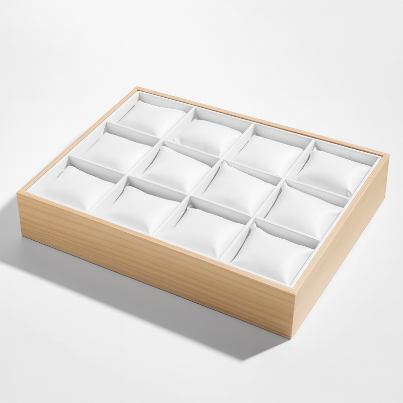 Expositor con cojines para relojes de madera y de símil piel blanca