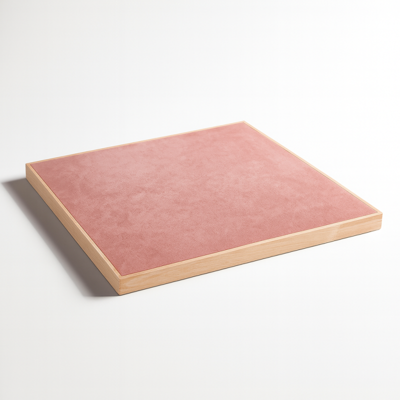 Gran bandeja desnuda de presentación para vitrina de madera y de ante rosa