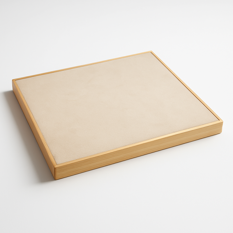 Gran bandeja desnuda de presentación para vitrina de madera y de ante beige crema