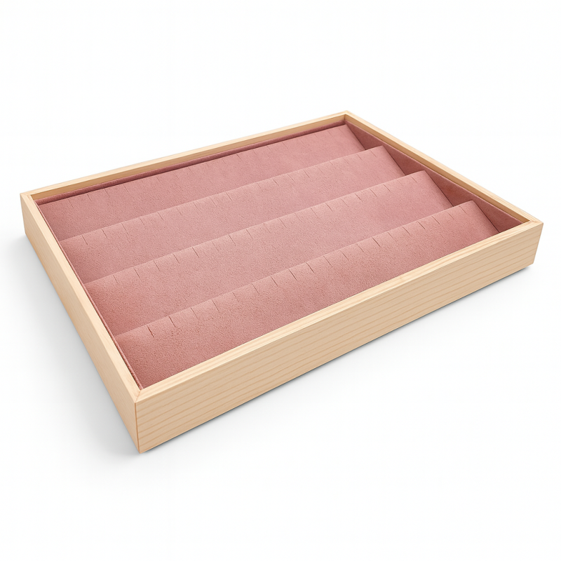 Lote de 5 bandejas para pendientes de madera y ante rosa