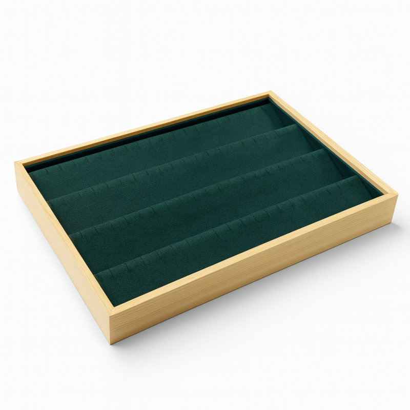 Bandeja de presentación para pendientes de madera y ante verde esmeralda