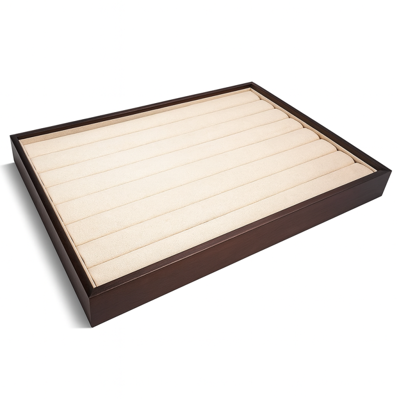 Bandeja para anillos de madera con acabado de nogal y ante beige