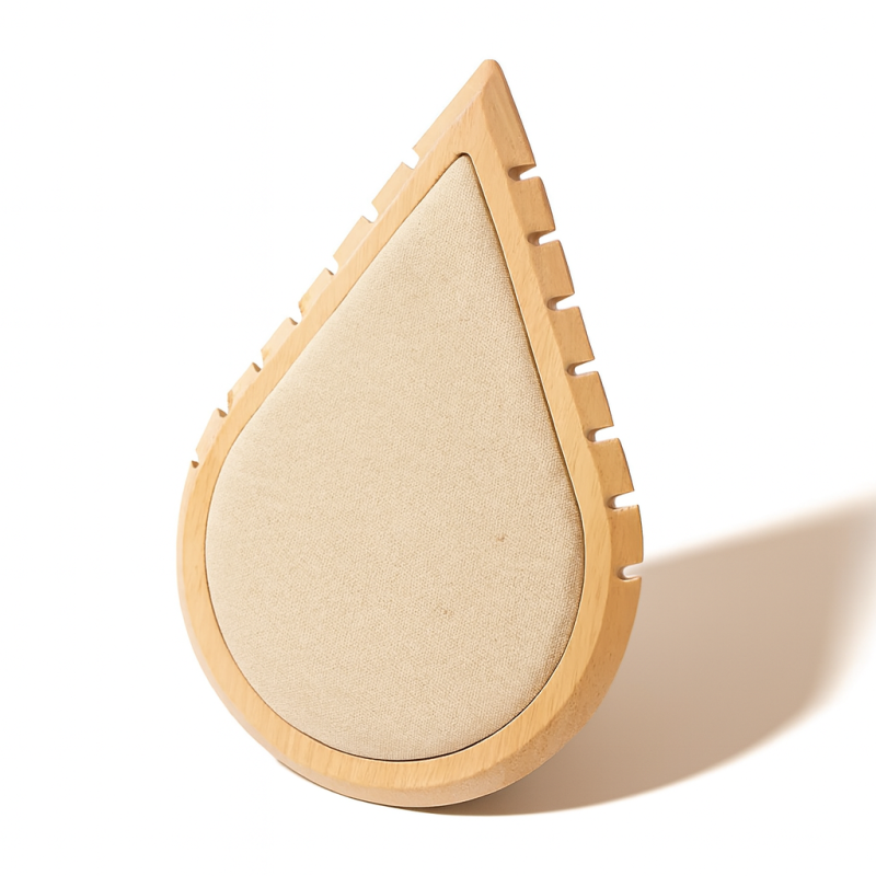 Expositor grande para collares de madera y algodón beige con forma de gota de agua