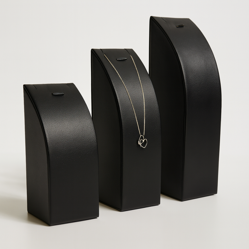 3 expositores rectangulares de símil piel negro para cadena y colgante