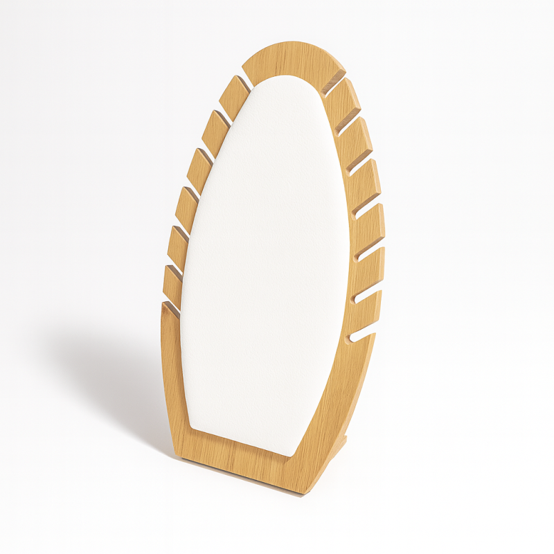Expositor para joyas de forma ovalada para collares de madera y símil piel blanco
