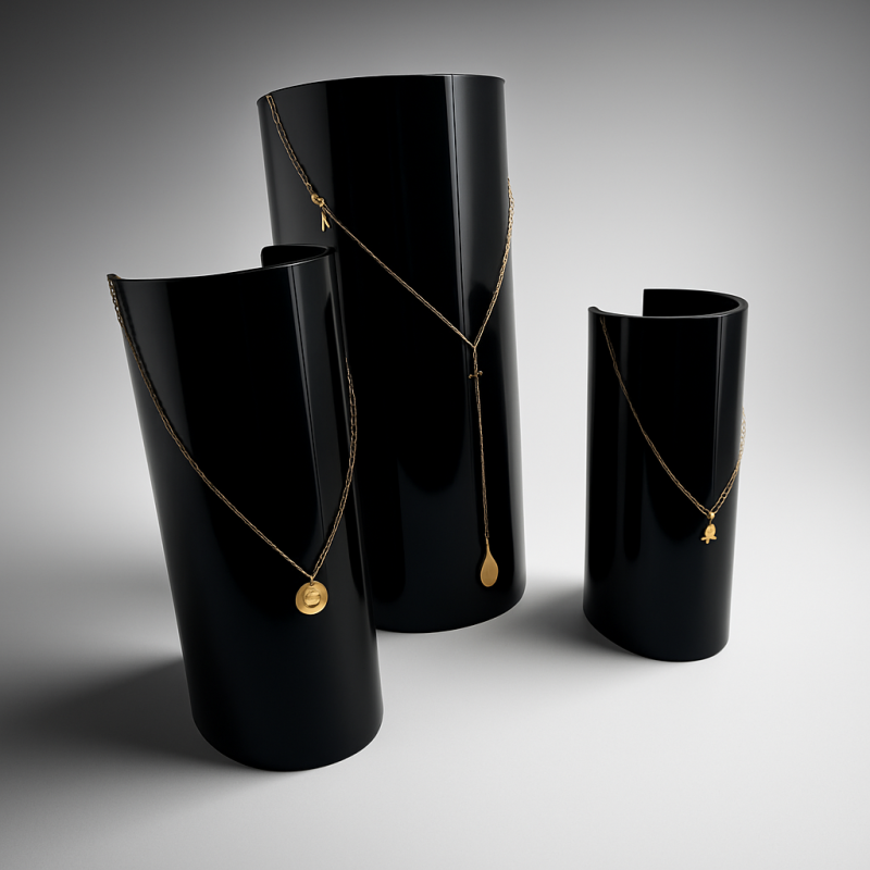 Lote de 3 expositores de collares de metacrilato negro con forma de cilindro