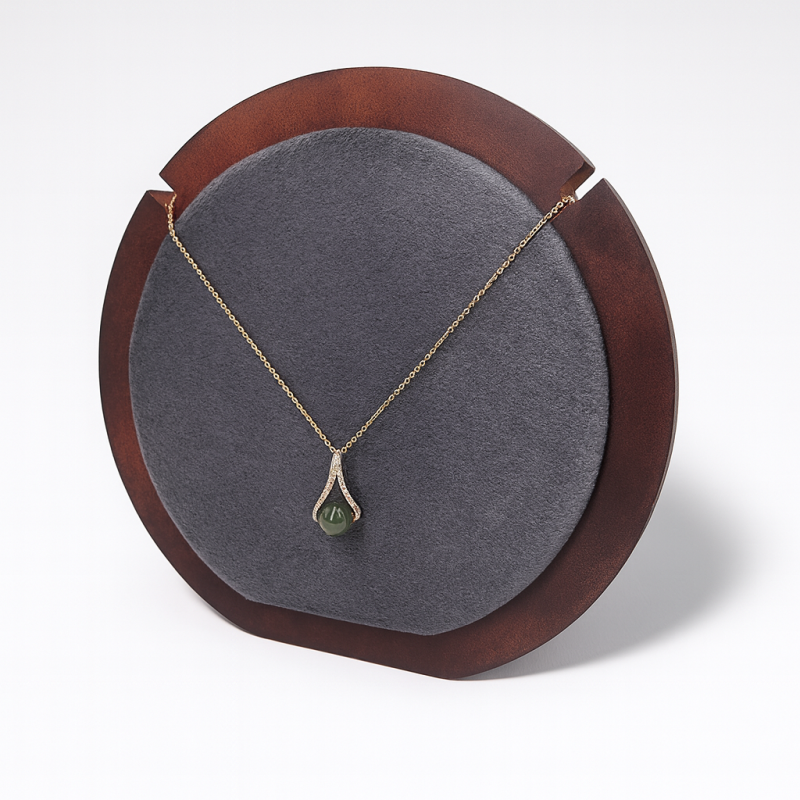 Soporte joya redondo para 1 collar de madera y ante gris antracita