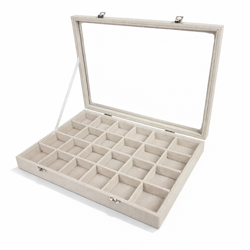 Maletín de gemología con pequeños compartimentos de algodón beige