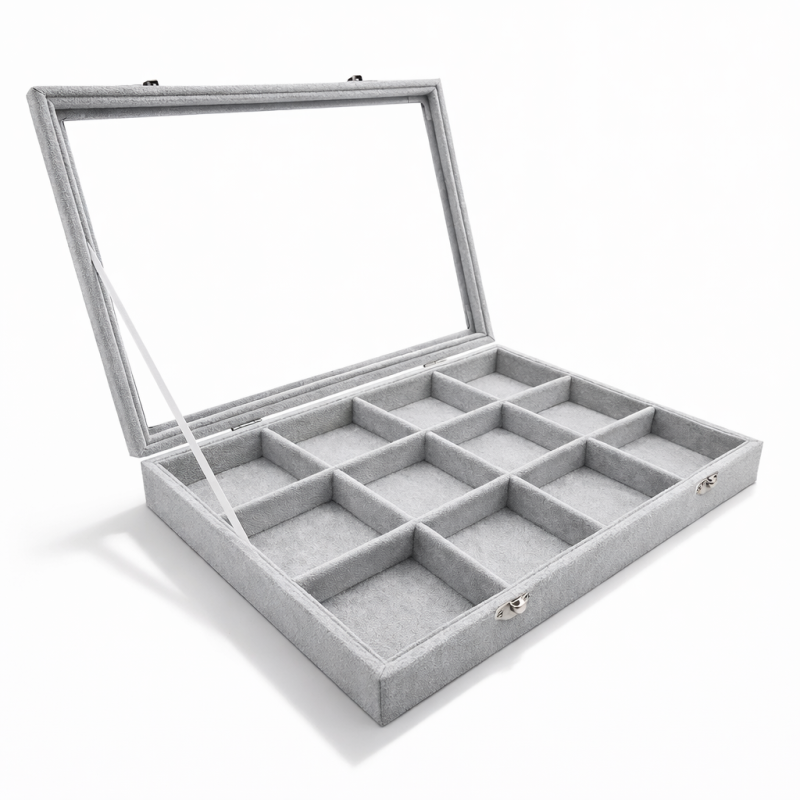 Maletín para joyas con compartimentos de terciopelo gris