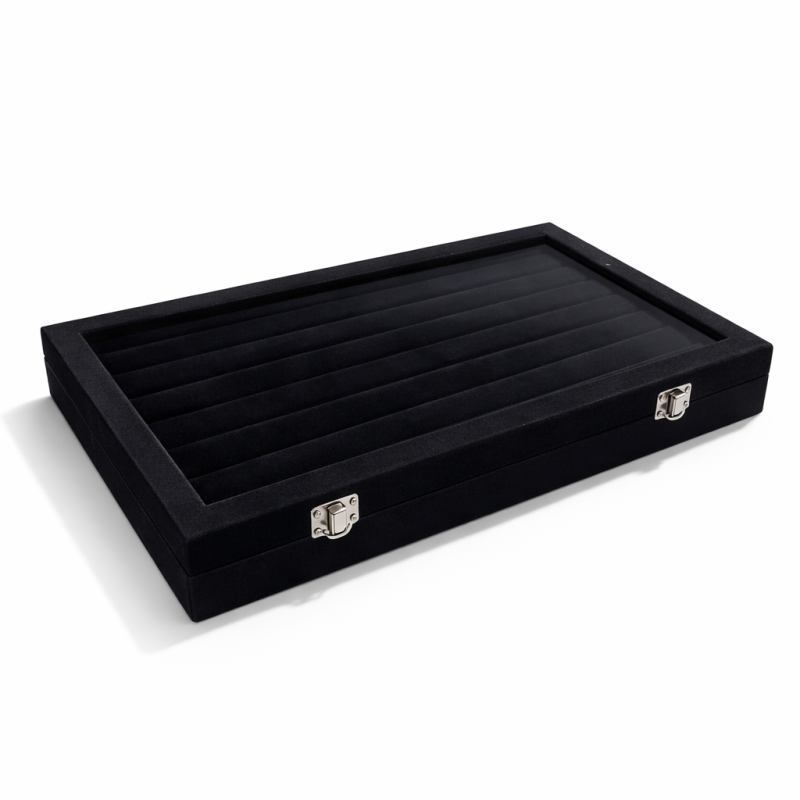 Maletín de joyas para anillos de terciopelo negro, bandeja de joyas con tapa de cristal y interior de terciopelo negro