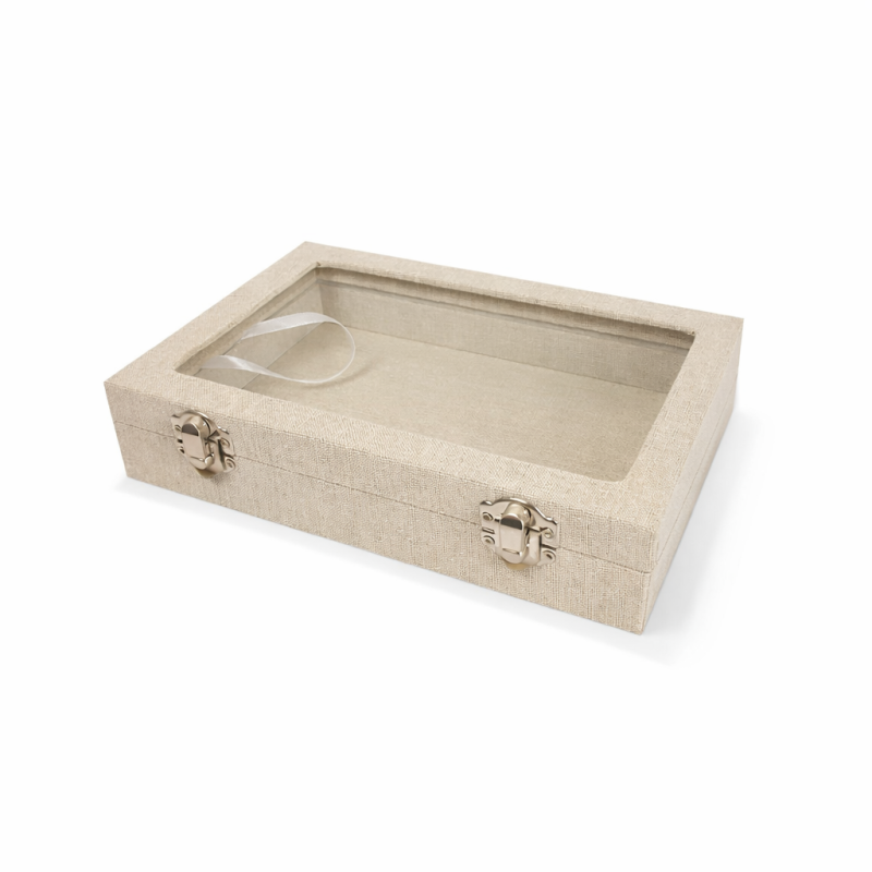 Pequeño cofre de joyas de algodón beige natural, Pequeño maletín de joyas beige