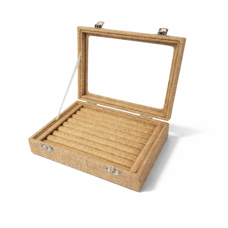 Pequeño maletín con ventana para anillos de yute beige