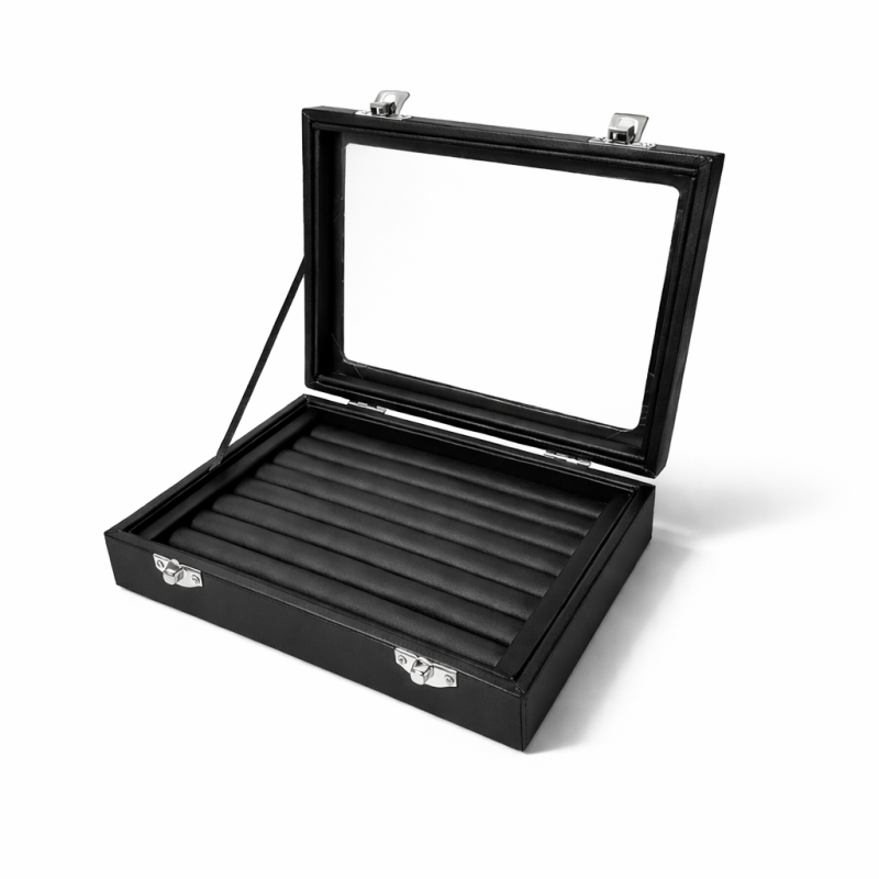 Pequeño maletín con ventana para anillos de símil piel negro