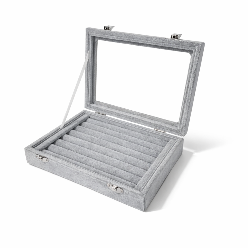 Pequeño maletín con ventana para anillos de terciopelo gris
