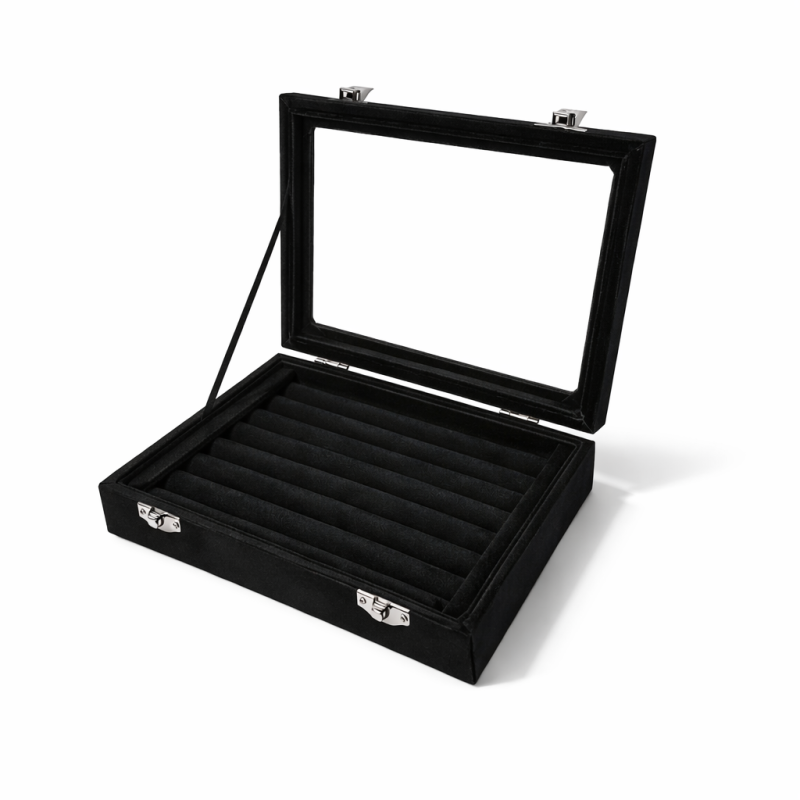 Pequeño maletín con ventana para anillos de terciopelo negro