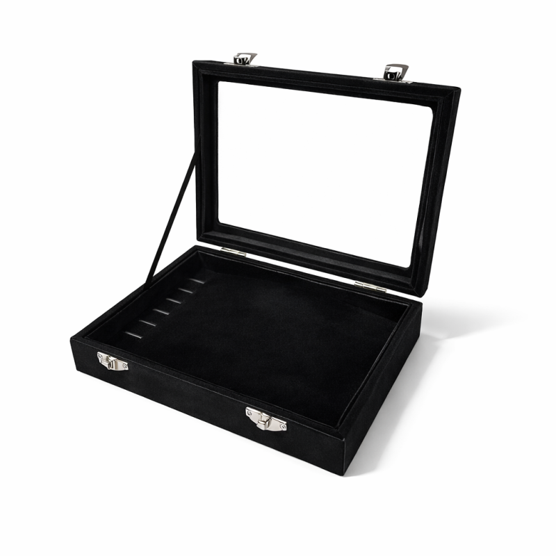 Pequeño maletín con ventana para pulseras de terciopelo negro